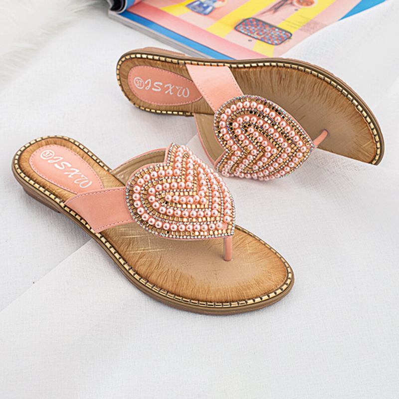 Kvinder Rhinestone Heart Shape Decor Clip Toe Flats Sandaler