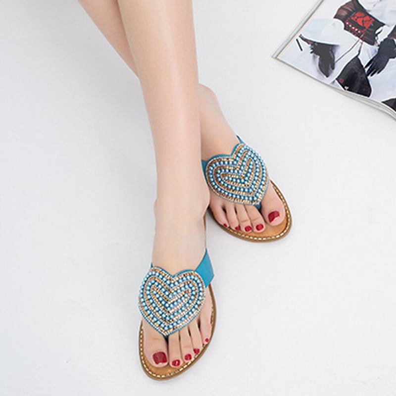 Kvinder Rhinestone Heart Shape Decor Clip Toe Flats Sandaler