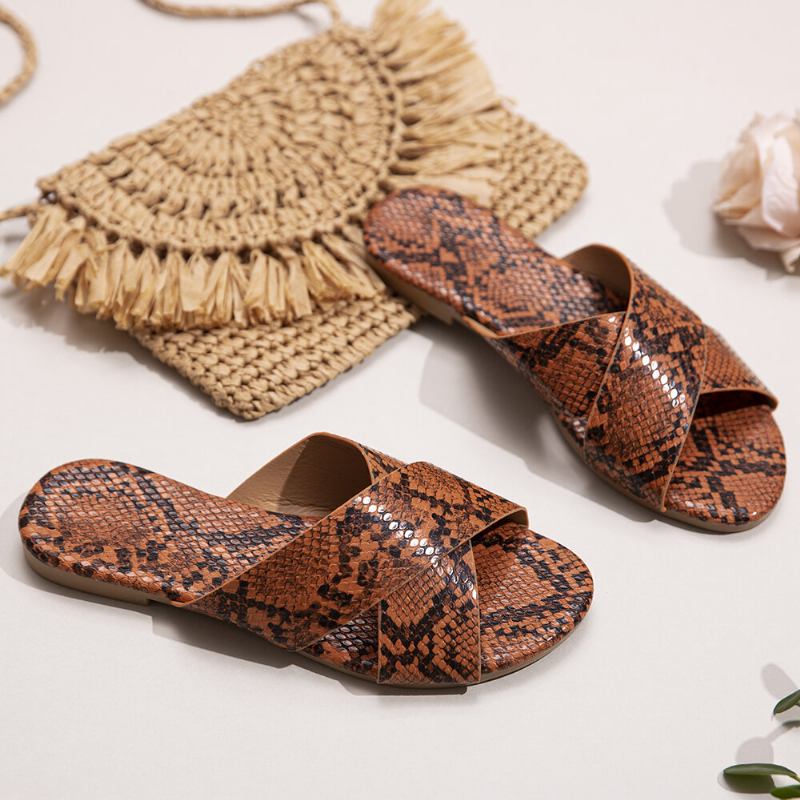 Kvinder Snakeskin Print Cross Bælte Flats Sandaler