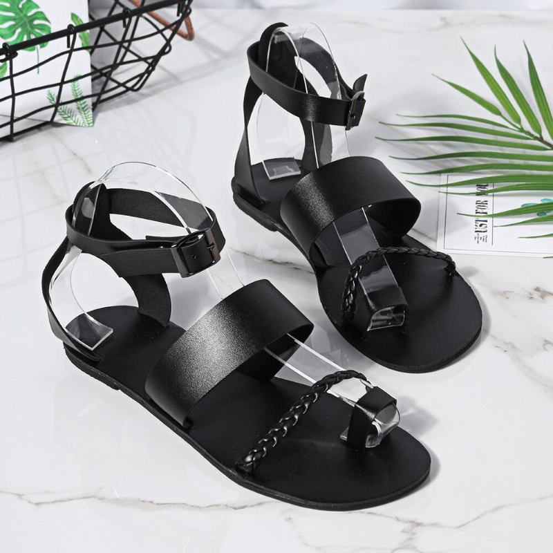 Kvinder Sommer Roman Black Clip Toe Spænde Strap Flade Sandaler