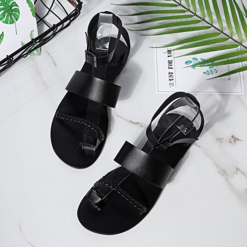 Kvinder Sommer Roman Black Clip Toe Spænde Strap Flade Sandaler