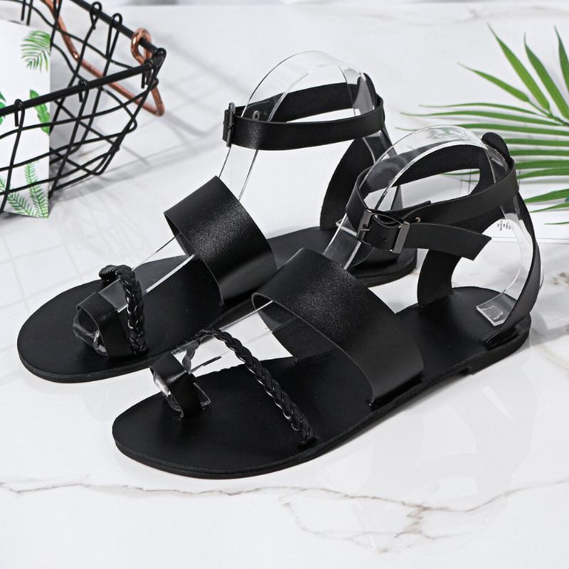 Kvinder Sommer Roman Black Clip Toe Spænde Strap Flade Sandaler