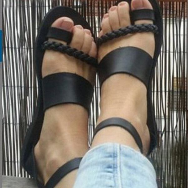 Kvinder Sommer Roman Black Clip Toe Spænde Strap Flade Sandaler