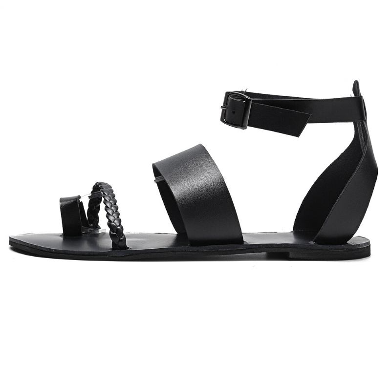 Kvinder Sommer Roman Black Clip Toe Spænde Strap Flade Sandaler