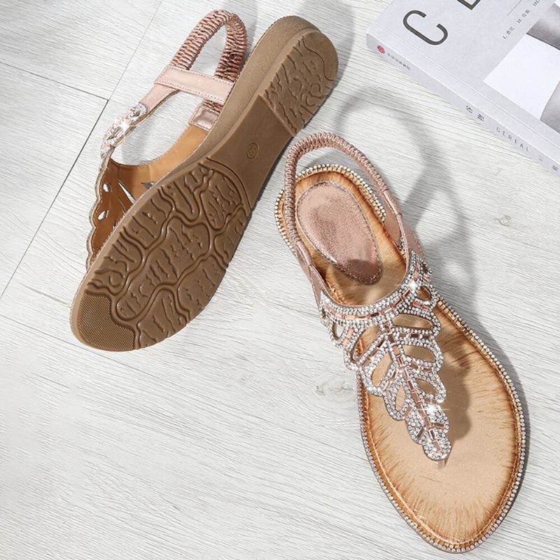 Kvinder Udsøgte Leaf Rhinestone Beach Clip Toe Bløde Flade Sandaler