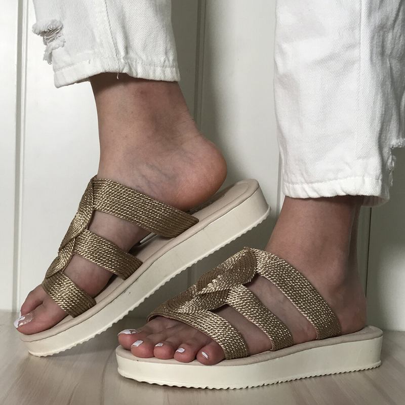 Kvinder Vævet Åben Tå Slip On Comfy Casual Sommer Flade Sandaler