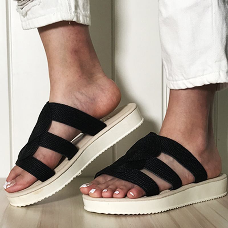 Kvinder Vævet Åben Tå Slip On Comfy Casual Sommer Flade Sandaler