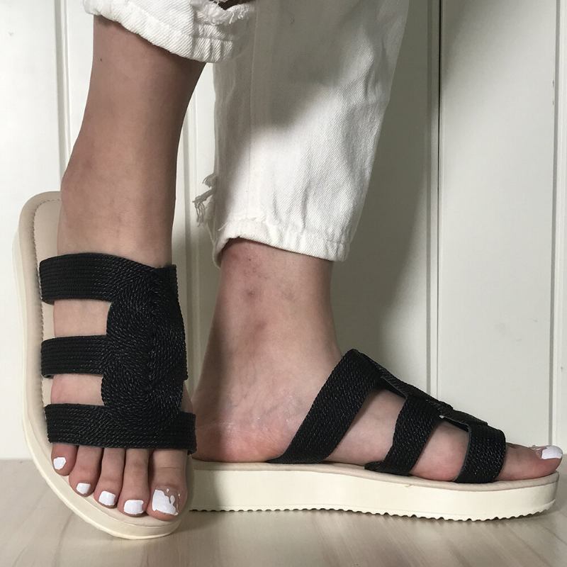 Kvinder Vævet Åben Tå Slip On Comfy Casual Sommer Flade Sandaler