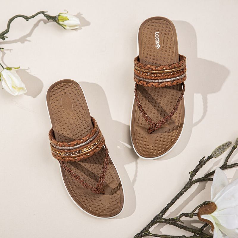 Kvinder Vævet Flip Flops Clip Toe Blød Sål Slip On Flade Sandaler