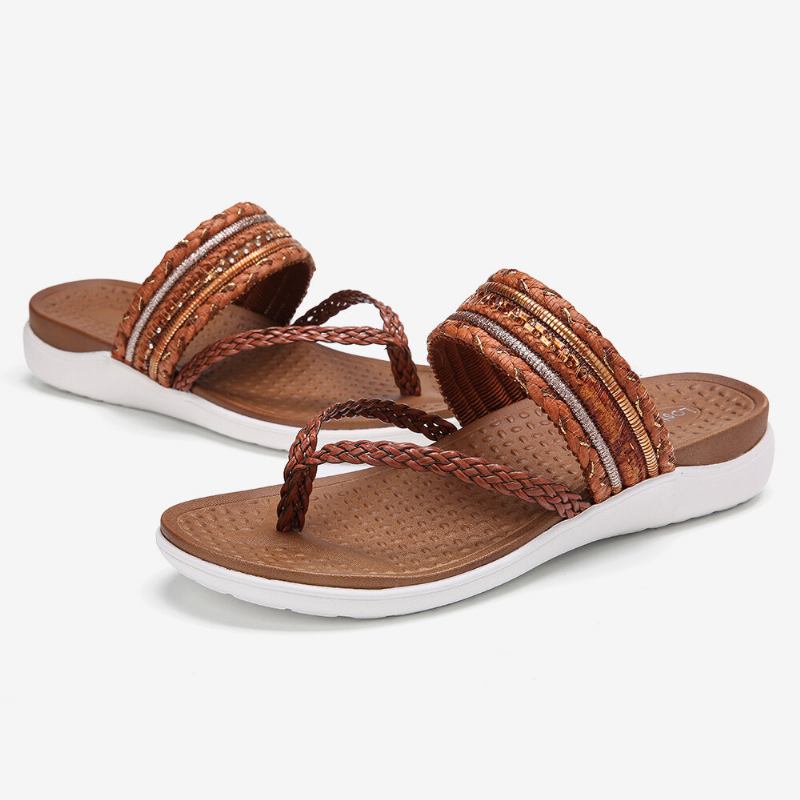 Kvinder Vævet Flip Flops Clip Toe Blød Sål Slip On Flade Sandaler