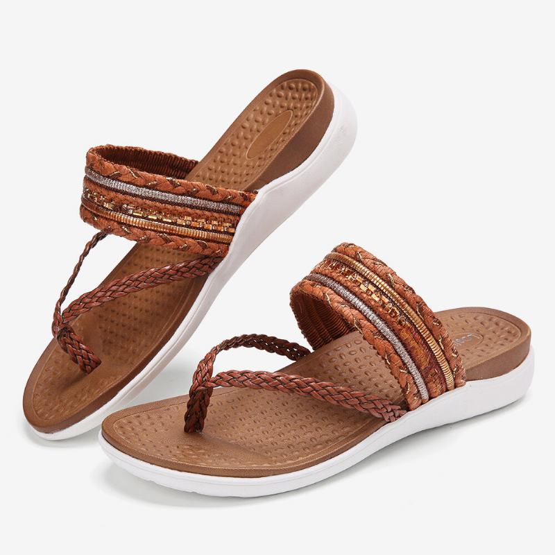 Kvinder Vævet Flip Flops Clip Toe Blød Sål Slip On Flade Sandaler