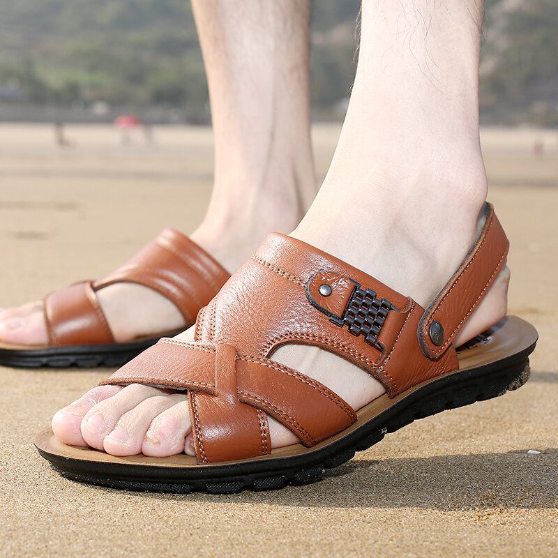 Mænd Kohud Læder Åben Tå Skridsikker To-vejs Strand Casual Outdoor Sandaler