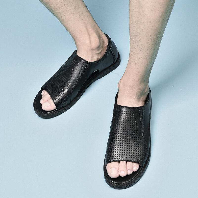 Mænd Koskind Læder Åndbar Udhulet Blød Bund Åbnet Tå Slip On Casual Sandaler