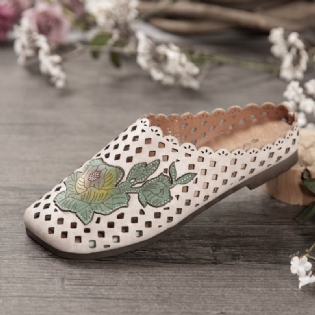 Retro Læder Blomster Applikation Udskæringer Bløde Flade Mules Træsko Slip-on Sandaler