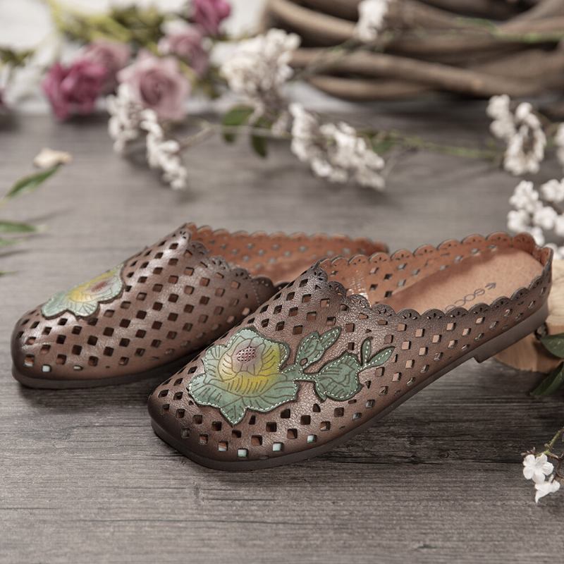 Retro Læder Blomster Applikation Udskæringer Bløde Flade Mules Træsko Slip-on Sandaler