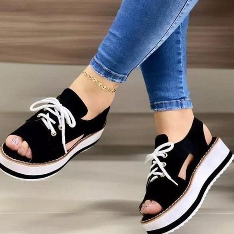 Stor Størrelse Sommer Casual Platform Lace Up Canvas Sandaler Til Kvinder