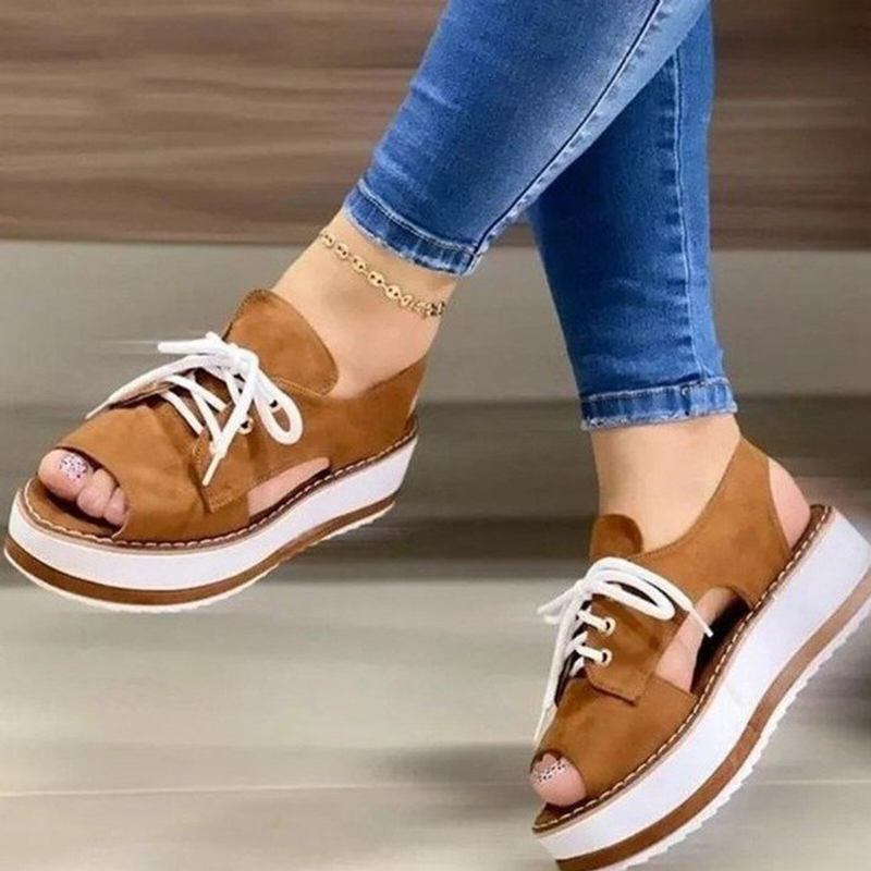 Stor Størrelse Sommer Casual Platform Lace Up Canvas Sandaler Til Kvinder