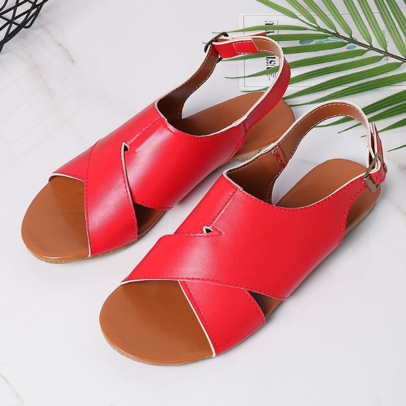 Wome Beach Peep Toe Cross Buckle Flats Sandaler