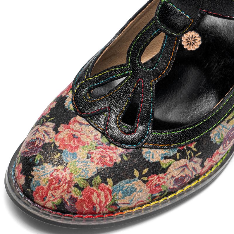 Ægte Læder Retro Fashion Floral Comfy T-strop Hæle