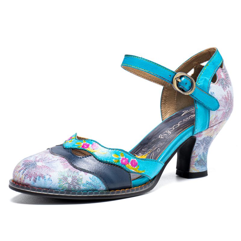 Ægte Læder Retro Spænde Fashion Floral Colorblock Comfy Mary Jane Heels