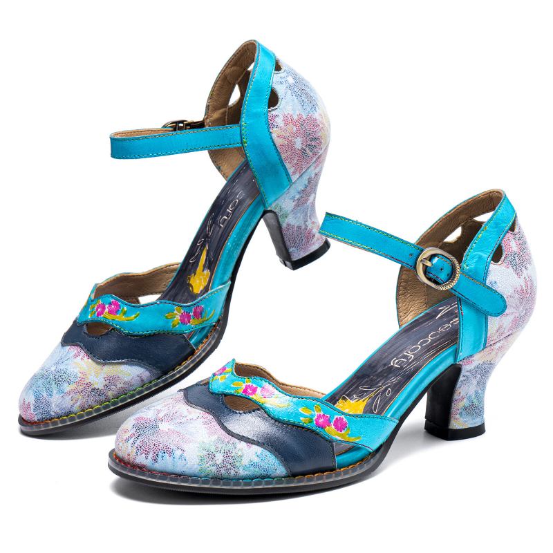 Ægte Læder Retro Spænde Fashion Floral Colorblock Comfy Mary Jane Heels