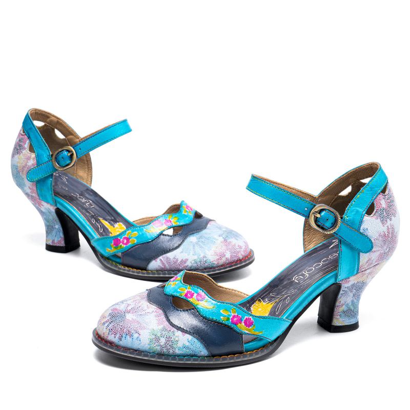 Ægte Læder Retro Spænde Fashion Floral Colorblock Comfy Mary Jane Heels