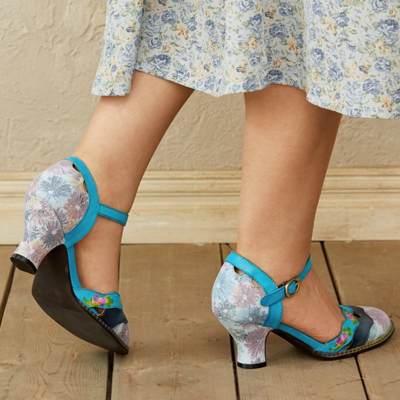 Ægte Læder Retro Spænde Fashion Floral Colorblock Comfy Mary Jane Heels