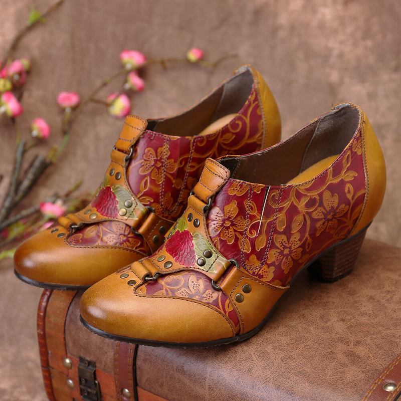 Cowgirl Håndmalet Retro Blomstermønster Nitte Ægte Læder Lav Hæl Slip On Pumps