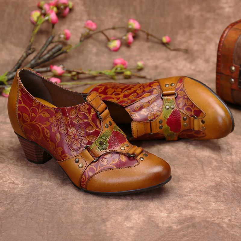 Cowgirl Håndmalet Retro Blomstermønster Nitte Ægte Læder Lav Hæl Slip On Pumps