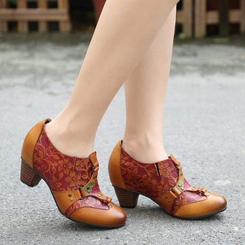 Cowgirl Håndmalet Retro Blomstermønster Nitte Ægte Læder Lav Hæl Slip On Pumps