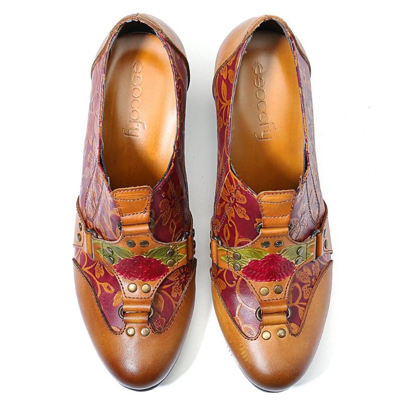 Cowgirl Håndmalet Retro Blomstermønster Nitte Ægte Læder Lav Hæl Slip On Pumps