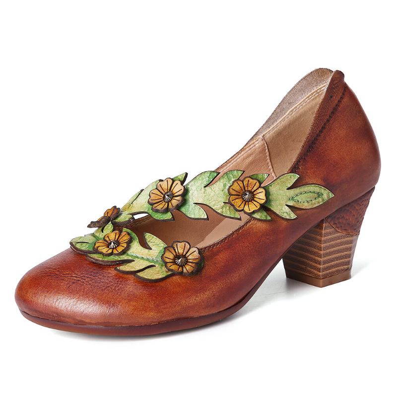 Dame Blomsterdekoration Ægte Læder Slip On Spring Pumps