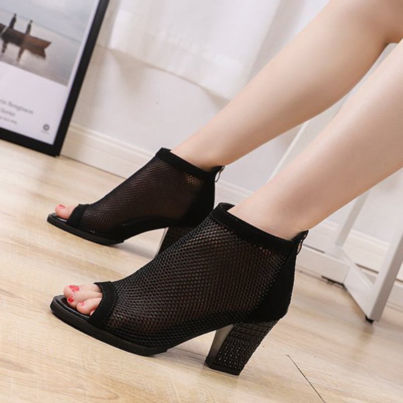 Kvinder Casual Mesh Åndbar Chunky Heel Hollow Out Peep-toe Pumps Sko