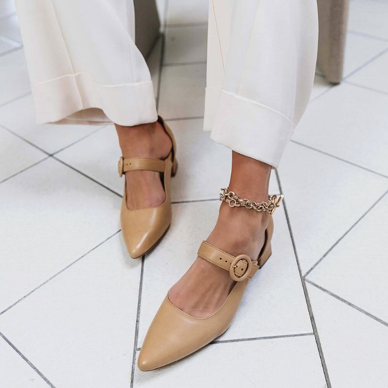 Kvinder Elegant Spidstå Ensfarvet Ankelspænde Slip On Chunky Heel Pumps