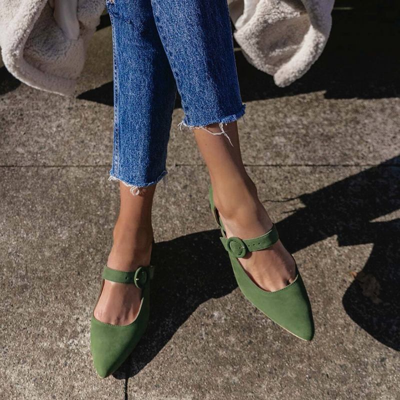 Kvinder Elegant Spidstå Ensfarvet Ankelspænde Slip On Chunky Heel Pumps