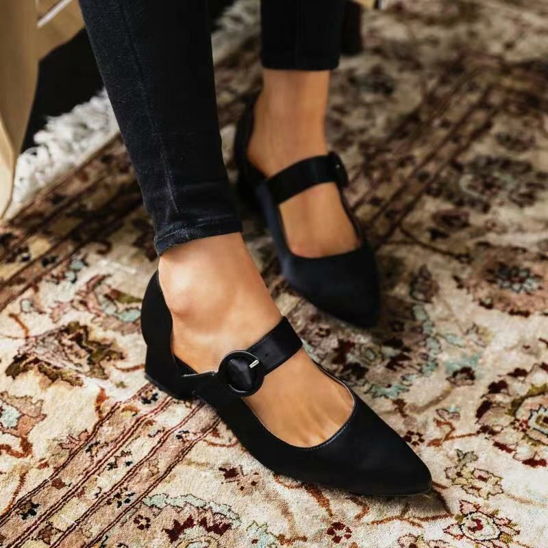 Kvinder Elegant Spidstå Ensfarvet Ankelspænde Slip On Chunky Heel Pumps