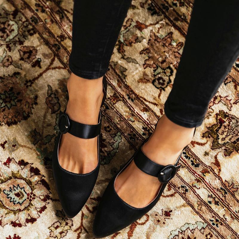 Kvinder Elegant Spidstå Ensfarvet Ankelspænde Slip On Chunky Heel Pumps