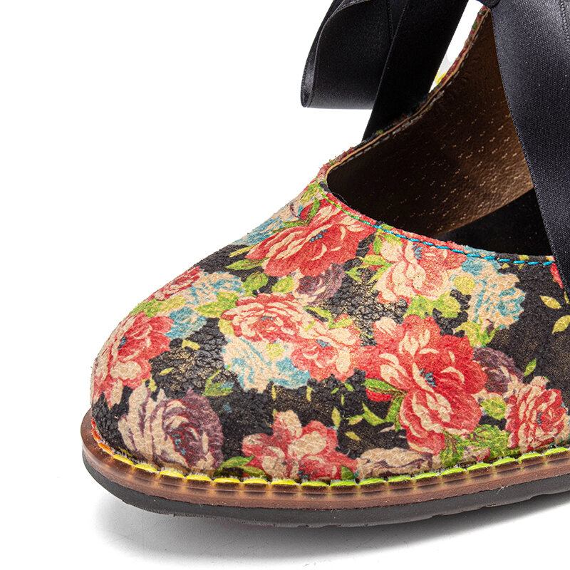 Kvinder Elegante Yndefulde Små Blomster Trykt Behagelige Bærbare Snørebåndssøm Chunky Heel Pumps