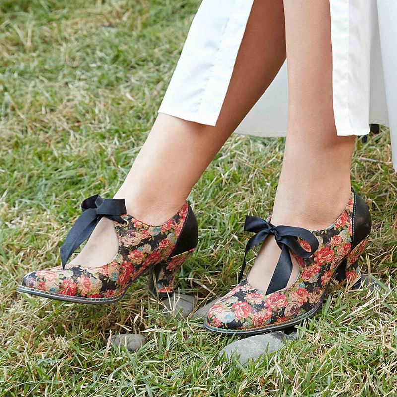 Kvinder Elegante Yndefulde Små Blomster Trykt Behagelige Bærbare Snørebåndssøm Chunky Heel Pumps