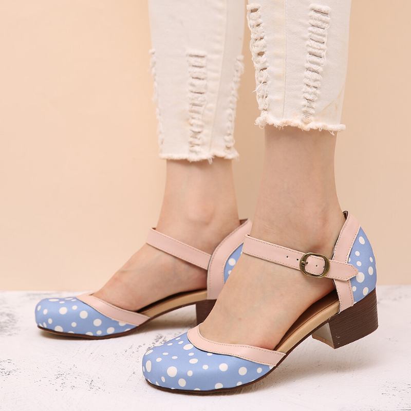 Kvinder Polka Dot Rund Toe Ankelstrop Blok Hæl Casual Comfy Heels Pumps