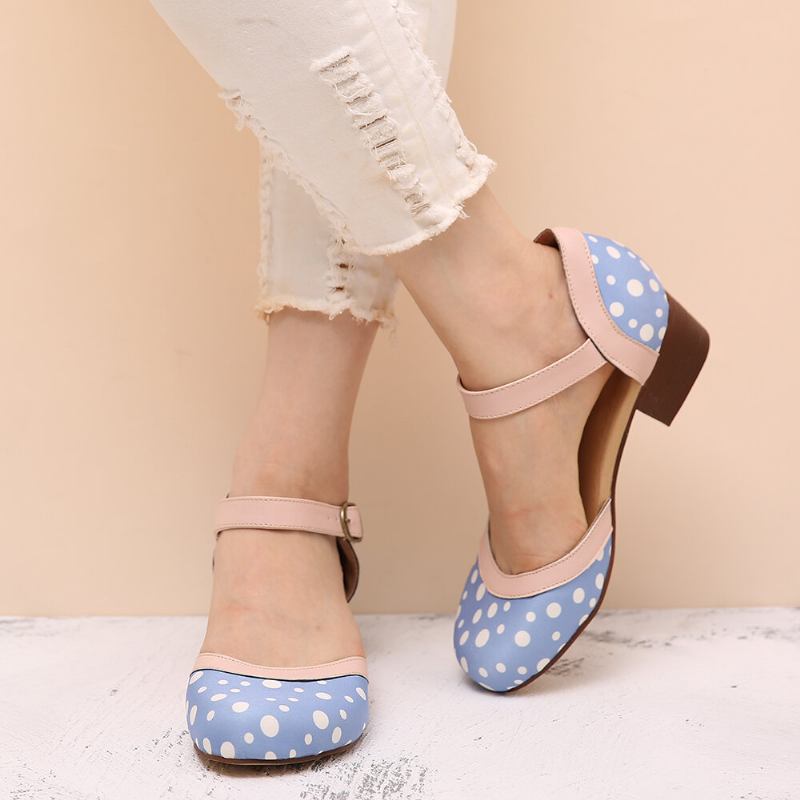 Kvinder Polka Dot Rund Toe Ankelstrop Blok Hæl Casual Comfy Heels Pumps