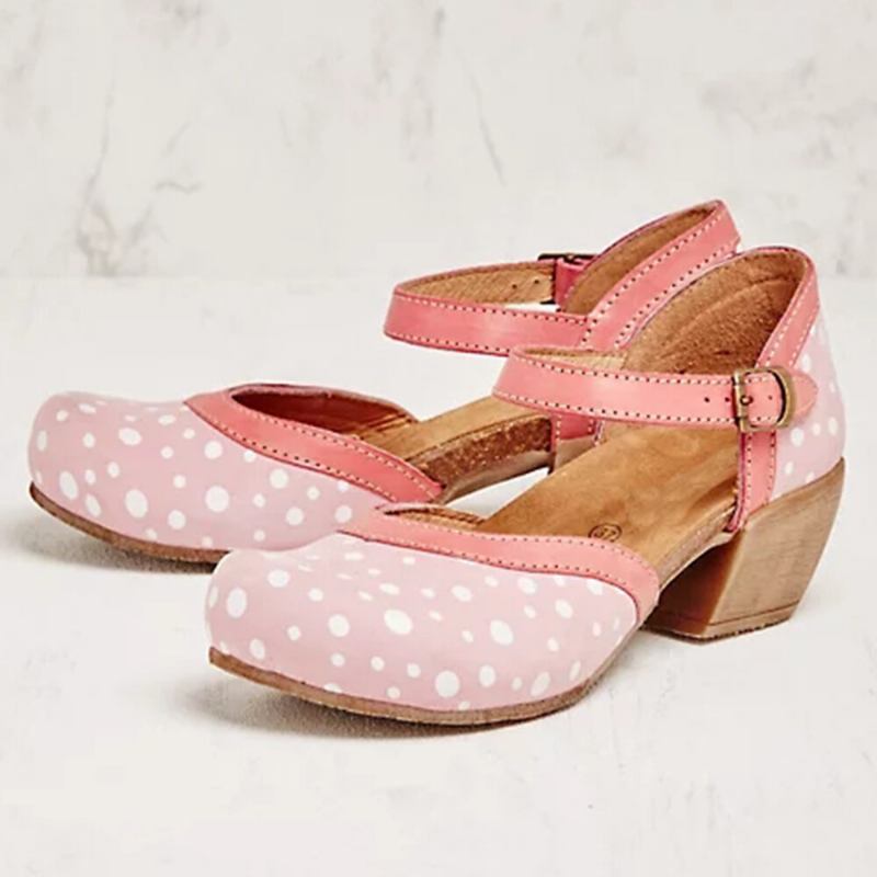 Kvinder Polka Dot Rund Toe Ankelstrop Blok Hæl Casual Comfy Heels Pumps