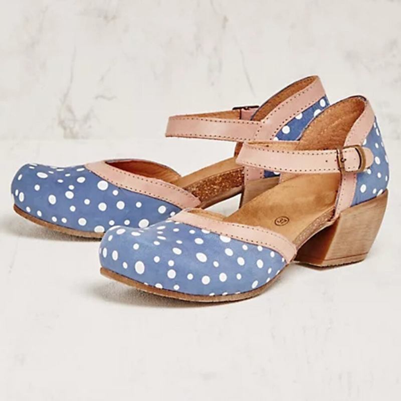 Kvinder Polka Dot Rund Toe Ankelstrop Blok Hæl Casual Comfy Heels Pumps