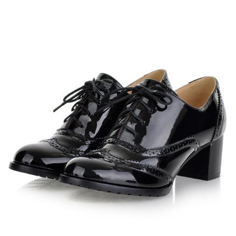 Large Size Dame Snørebånd Behagelige Retro Glossy Oxfords Hæle