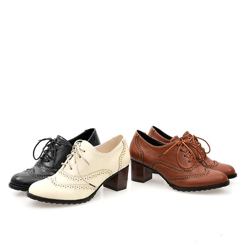 Large Size Dame Snørebånd Behagelige Retro Oxfords Hæle