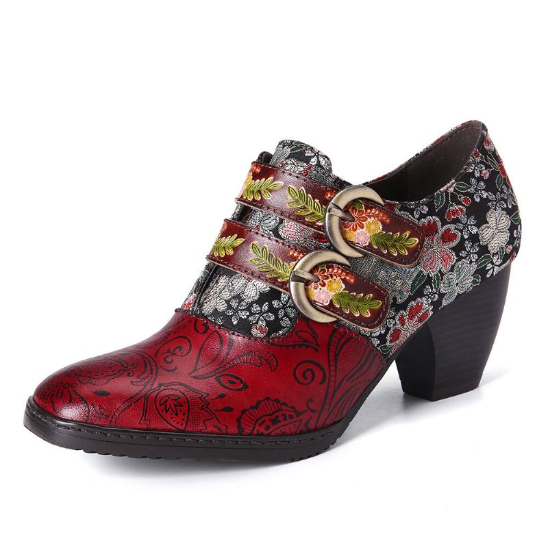 Retro Flower Metal Præget Spænde Strap Læder Lavhæl Square Toe Pumps