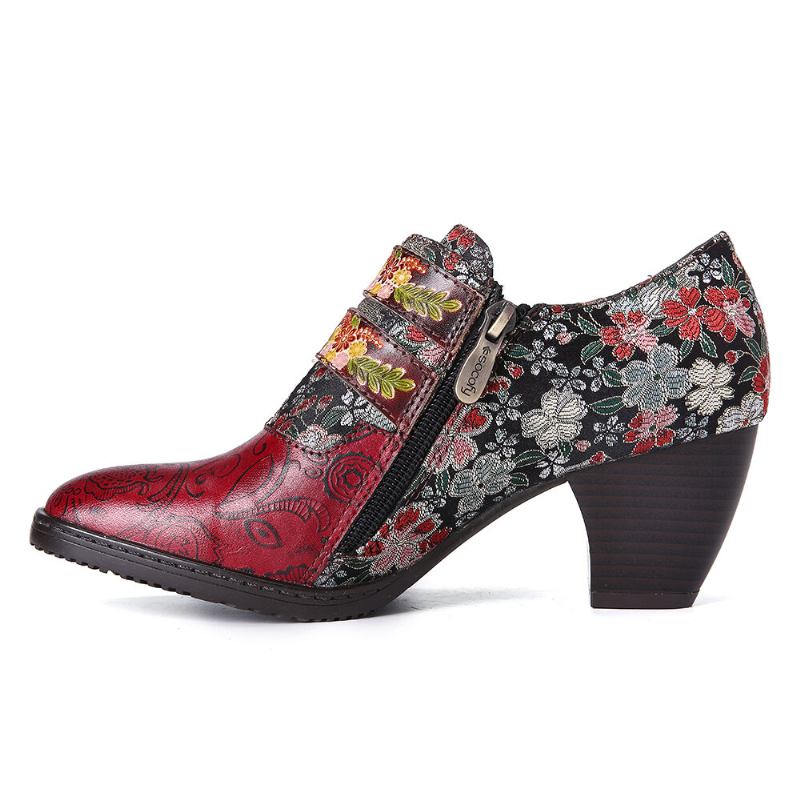 Retro Flower Metal Præget Spænde Strap Læder Lavhæl Square Toe Pumps