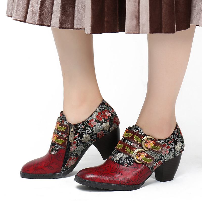 Retro Flower Metal Præget Spænde Strap Læder Lavhæl Square Toe Pumps