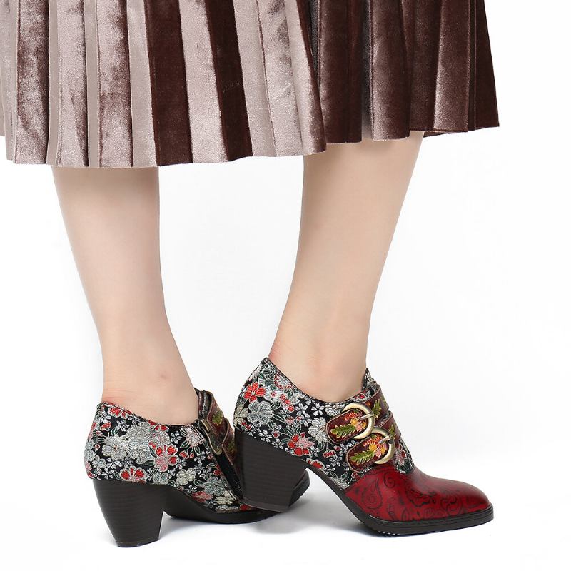 Retro Flower Metal Præget Spænde Strap Læder Lavhæl Square Toe Pumps