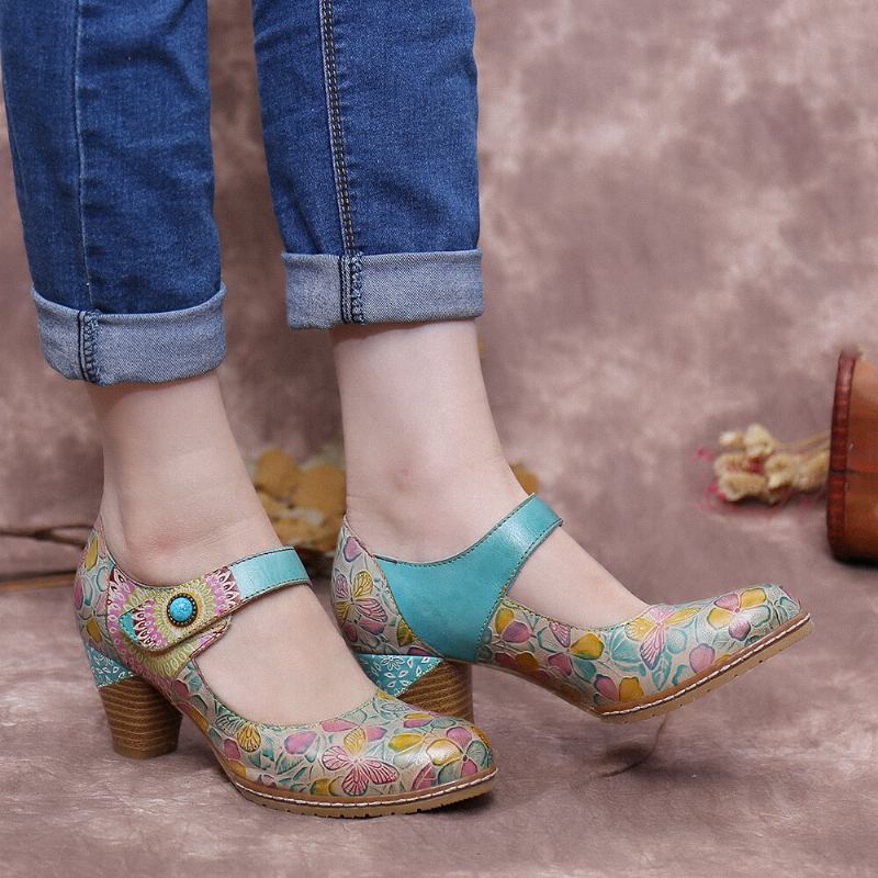 Retro Læder Præget Blomsterkrogløkke Ankelrem Chunky Heel Pumps